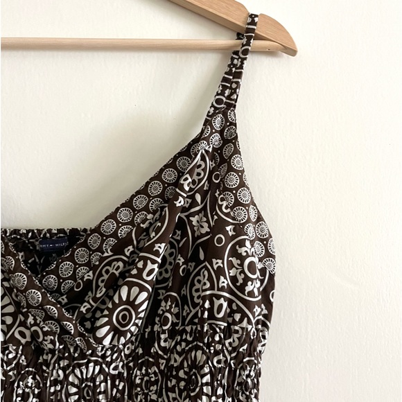 Y2K Tommy Hilfiger Patterned Brown and White Spaghetti Strap Dress w/ Pockets XL - Picture 4 of 10